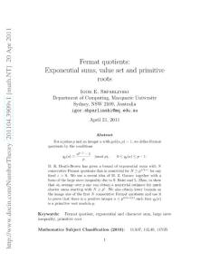 201104.3909v1 Fermat quotients - Exponential sums, value set and primitive roots