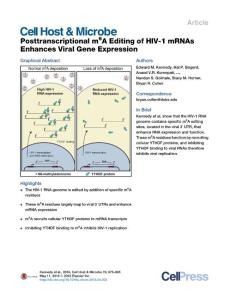 Cell-Host-Microbe_2016_Posttranscriptional-m6A-Editing-of-HIV-1-mRNAs-Enhances-Viral-Gene-Expression