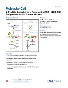 Molecular Cell-2017-A Peptide Encoded by a Putative lncRNA HOXB-AS3 Suppresses Colon Cancer Growth