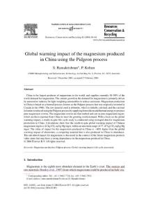 2004, Resources, Conservation and Recycling, Global warming impact of the magnesium produced in China using the Pidgeon process