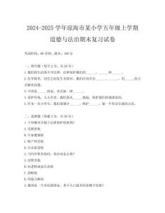 2024-2025學年瓊海市某小學五年級上學期道德與法治期末復習試卷