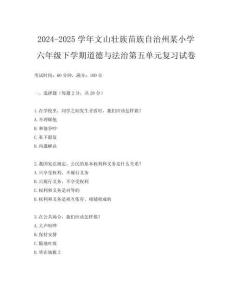 2024-2025學年文山壯族苗族自治州某小學六年級下學期道德與法治第五單元復習試卷