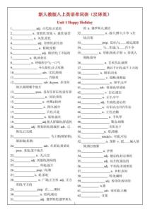 人教版新八年級上冊英語單詞（漢譯英）